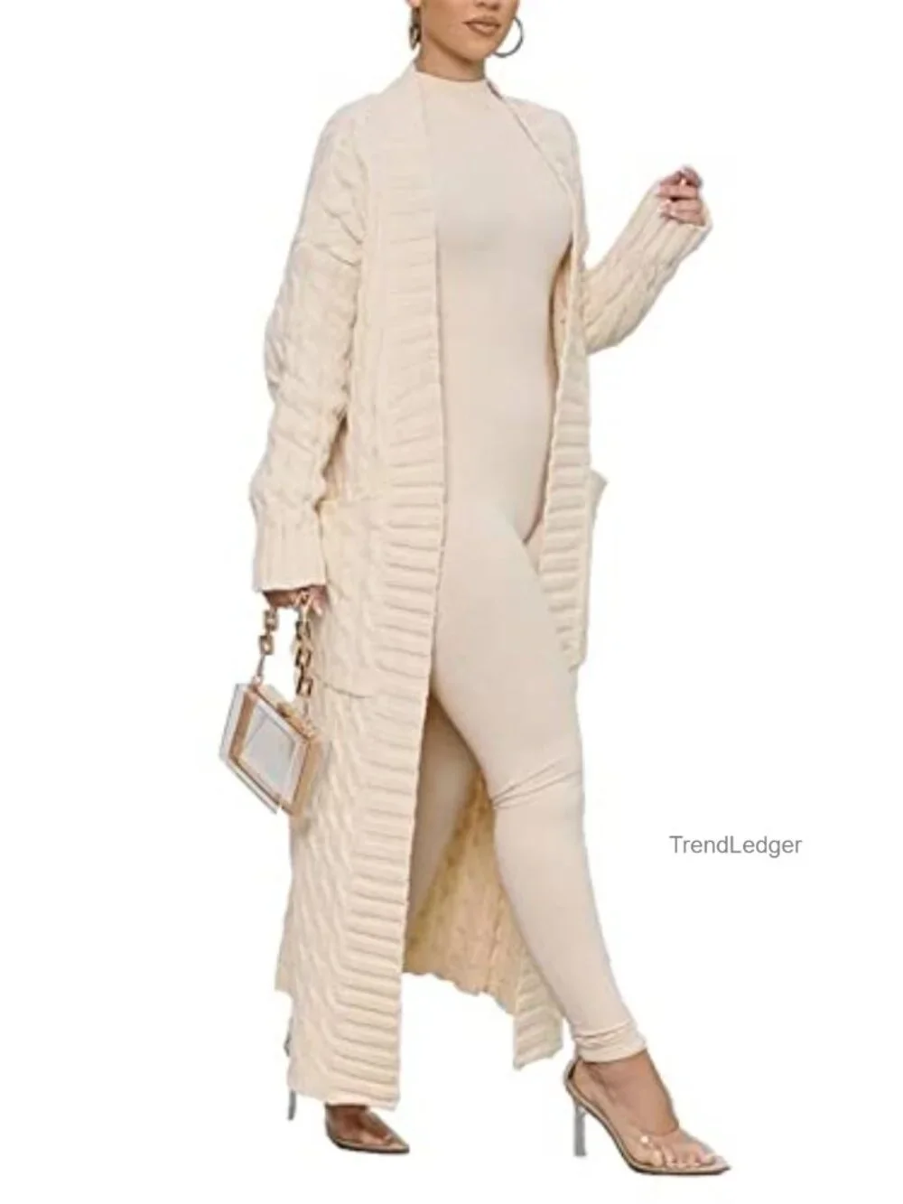 Open Front Cable Knit Duster Cardigan with Pockets Long Sleeve